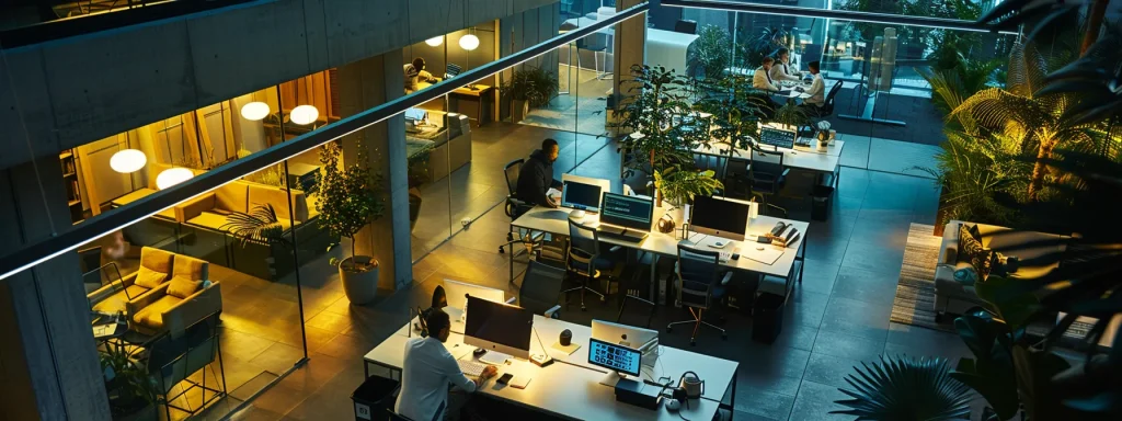 a bustling modern office environment showcasing diverse professionals engaged in medical billing and coding tasks, illuminated by dynamic overhead lighting, symbolizing job stability and growth in the healthcare industry.