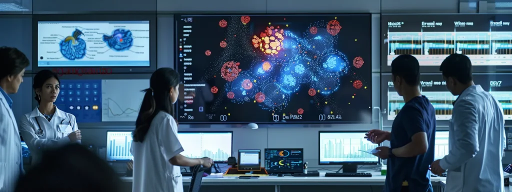 a bustling office environment filled with diverse medical administrative professionals engaged in discussions and analyzing charts on a large screen, emphasizing the regional salary variations across metropolitan and rural areas.