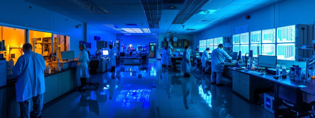 a clinical laboratory setting is illuminated with bright fluorescent lights, showcasing scientists in lab coats intently examining dna sequences on computer screens, emphasizing the intricate genetic analysis connected to angelman syndrome research.