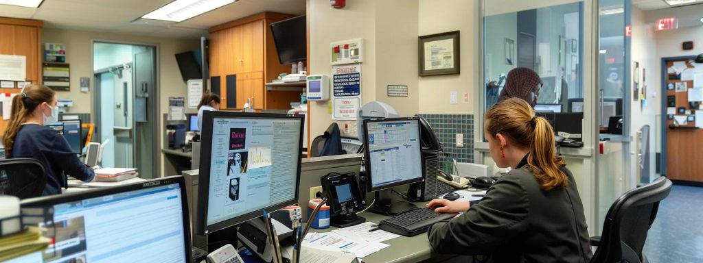 a clinical office setting showcases a focused pediatrician analyzing a detailed chart of pertussis symptoms and complications, illuminated by bright overhead lights, while medical coding specialists are seen using advanced software on sleek computer screens to ensure precise documentation and coding practices.