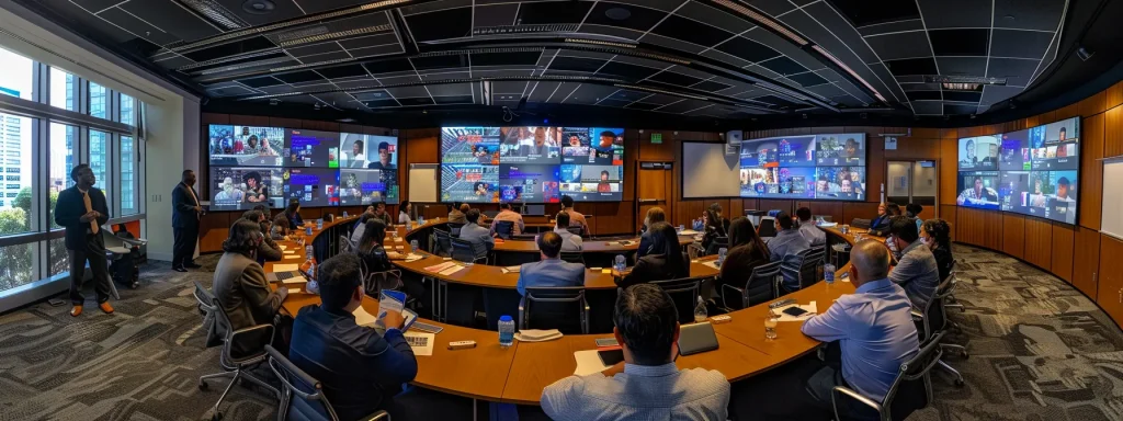 a diverse group of professionals engaged in a dynamic brainstorming session in a modern conference room, surrounded by digital presentations on autism advocacy, symbolizing collaboration and innovative solutions for supporting individuals with autism.