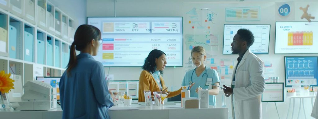 a dynamic and organized healthcare office setting showcases a diverse group of professionals collaborating over digital screens, analyzing vaccination data and strategizing targeted immunization campaigns against whooping cough, with charts and infographics prominently displayed to emphasize public health initiatives.