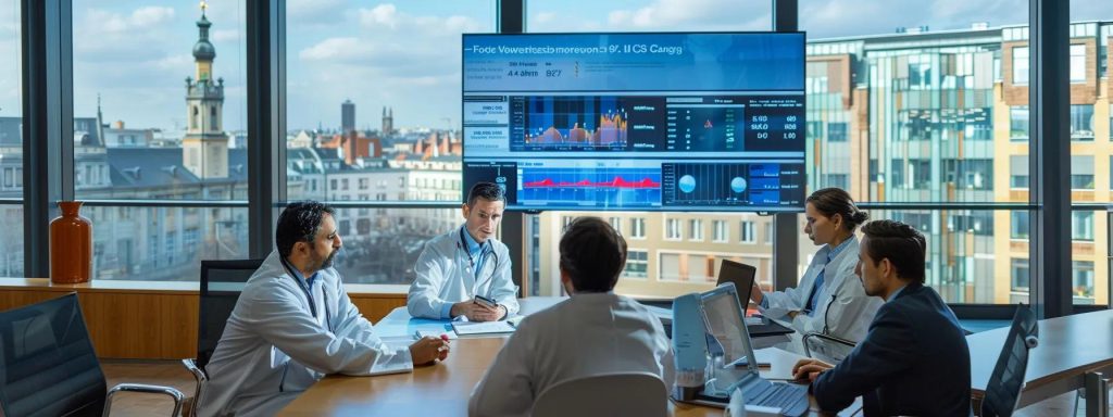 a dynamic office setting features a diverse group of healthcare professionals engaged in a focused discussion around a large table, analyzing statistical data on a digital screen that highlights rising whooping cough cases and vaccination trends, illuminated by sharp, modern lighting.