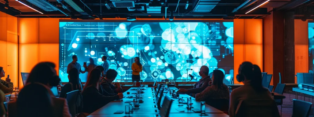 a dynamic urban conference room filled with engaged individuals, passionately discussing impactful initiatives while a large screen displays bold graphics highlighting autism awareness and prevention campaigns.