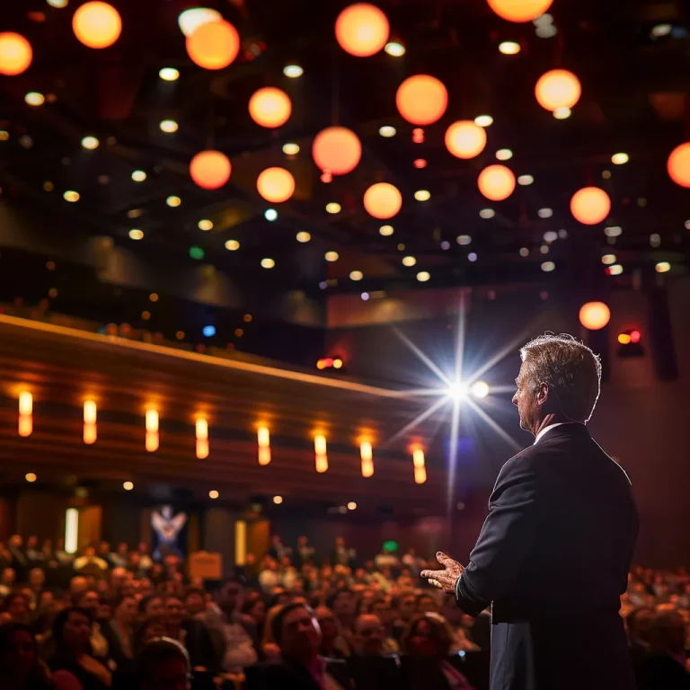 a dynamic urban conference setting showcases robert f. kennedy jr. passionately addressing a captivated audience, illuminated by focused stage lighting, as he emphasizes the provocative claim that autism is preventable.