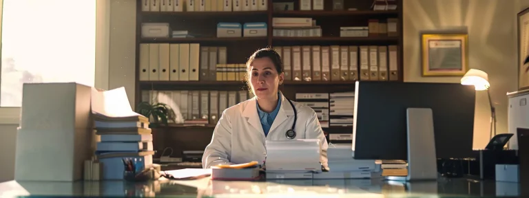 a focused medical administrative assistant sits at a sleek, modern desk surrounded by organized files and a computer, exuding professionalism in a bright, minimalist office setting.