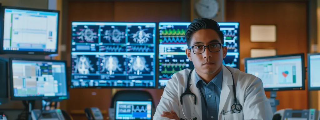 a focused medical billing and coding professional sits at a sleek, modern desk in a bustling hospital office, surrounded by multiple computer screens displaying complex data and healthcare regulations, embodying the intensity and precision required to navigate the challenges of their demanding role.