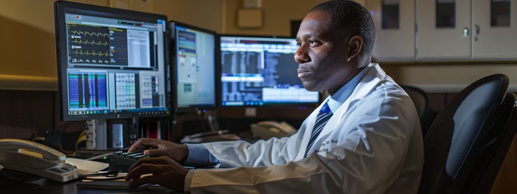 a focused medical billing and coding professional, surrounded by dual computer screens displaying intricate coding systems and electronic health records, captures the essence of precision and expertise in a modern office setting illuminated by soft artificial light.