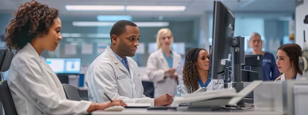 a focused medical billing office scene showcases a diverse team of professionals engaged in meticulous data entry at sleek workstations, illuminated by bright overhead lighting, reflecting a modern and efficient workspace.