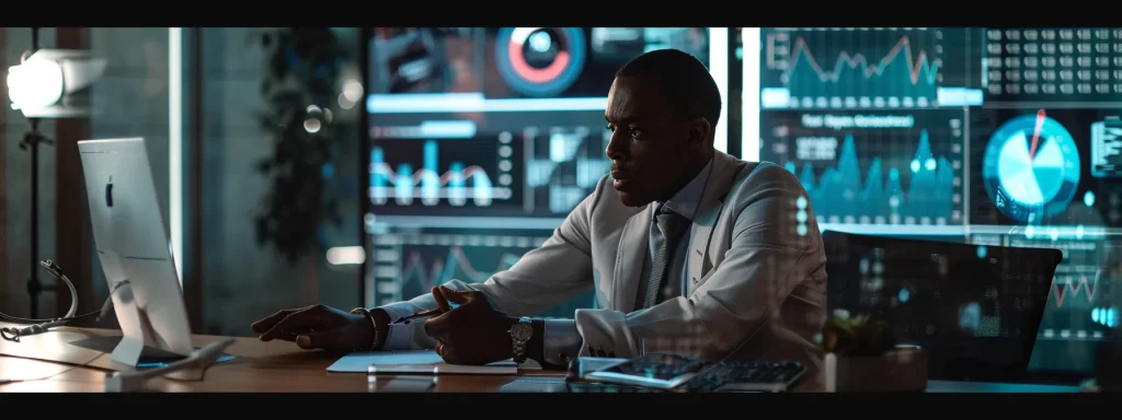 a focused medical billing professional sits at a sleek, modern office desk, surrounded by charts and graphs on a digital screen, intensely discussing salary negotiations with a mentor, embodying empowerment and strategic preparation in a corporate setting.