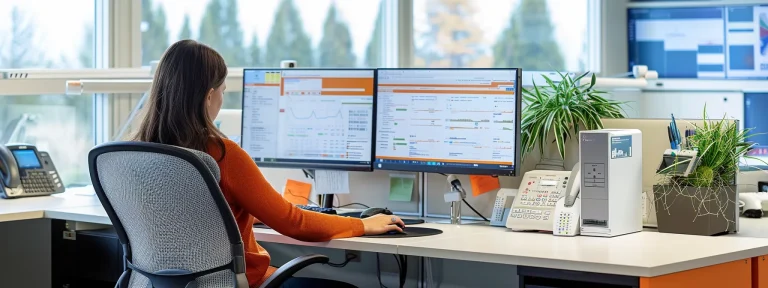 a focused office environment features a professional engaged in medical billing and coding, surrounded by dual monitors displaying intricate digital codes and healthcare data, illuminated by bright task lighting that emphasizes the meticulous nature of the work.