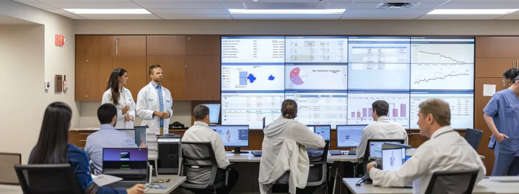 a focused ophthalmology office scene showcases a diverse group of staff engaged in an interactive training session, surrounded by charts and digital screens displaying billing and coding updates, emphasizing continuous professional development and operational efficiency.