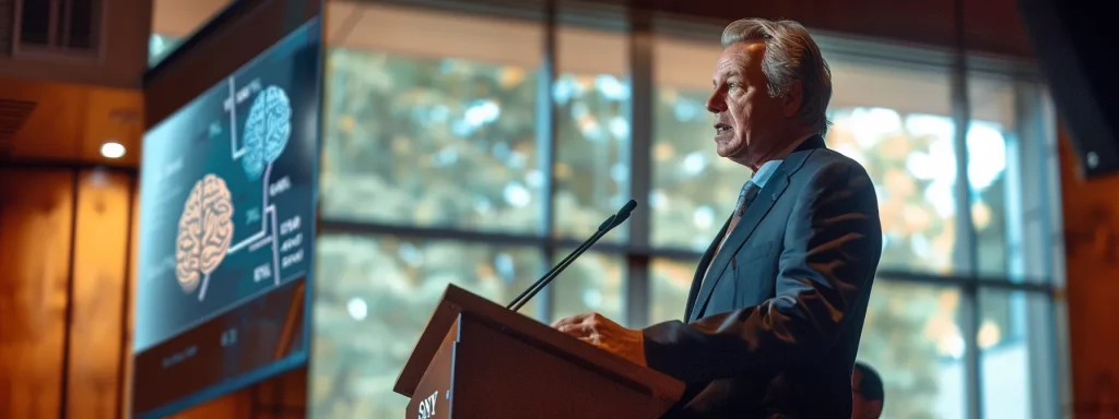 a focused robert f. kennedy jr. stands at a podium in a modern, well-lit conference room, passionately addressing an audience about autism awareness, framed by impactful visuals of brain imagery and data charts illustrating the links to environmental factors and early intervention.