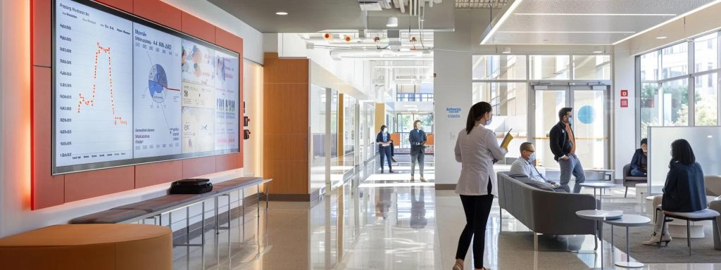 a modern, brightly lit medical office contrasts with a digital display showing vaccination statistics, while healthcare professionals engage in a focused discussion about overcoming barriers to tdap booster uptake amidst the backdrop of bustling clinic activity.