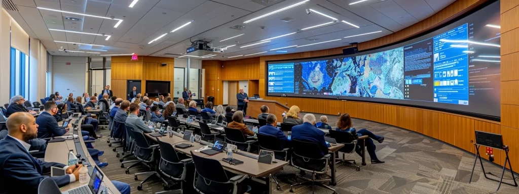 a modern conference room filled with engaged stakeholders actively discussing angelman syndrome research developments, surrounded by digital screens displaying clinical trial data and recent publications.