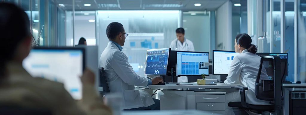 a modern office environment filled with focused medical coders analyzing complex charts and coding software on sleek computer screens, vividly reflecting the precision and professionalism essential for optimizing revenue in healthcare billing.