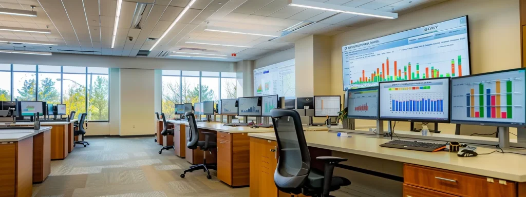 a modern office space, equipped with sleek desks and dual monitors displaying graphs and data analytics, captures a focused professional analyzing minimum wage trends in medical billing for 2023 under bright, overhead fluorescent lighting.