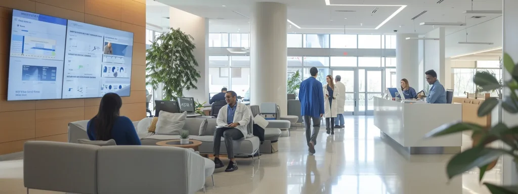 a modern office space filled with healthcare professionals engaged in lively discussions over digital screens displaying medical billing and coding software, highlighting the impact of price transparency mandates in a dynamic, tech-centric environment.