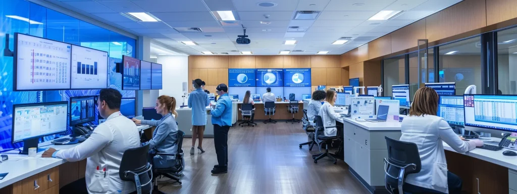 a modern ophthalmology office, bustling with activity as staff members efficiently navigate between computer stations and claim management software, showcasing vibrant screens displaying data analysis and patient insurance verifications in a brightly lit, organized workspace.