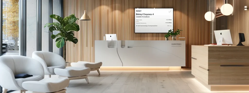 a modern ophthalmology office features a sleek reception area with a digital display showcasing easy-to-understand billing information and interactive payment options, enhancing patient communication and compliance.