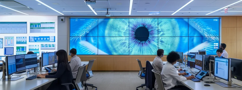 a modern ophthalmology office filled with professionals engaged in analyzing colorful data charts and graphs on large screens, emphasizing financial metrics and performance indicators for improved billing outcomes.
