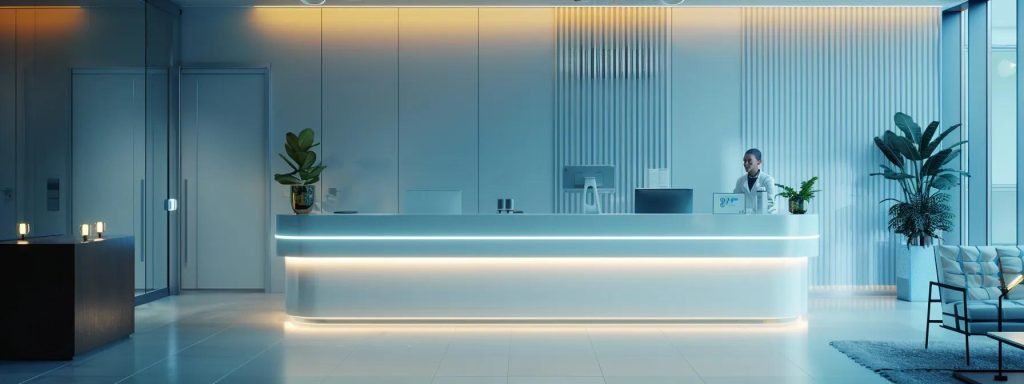 a modern, sleek medical office setting showcases a dedicated front desk with a professional staff member engaging in a streamlined insurance verification process, illuminated by soft, focused lighting that highlights the advanced technology used for real-time eligibility checks.