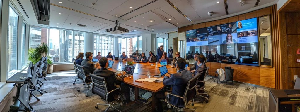 a modern, well-lit office meeting room showcases a diverse team engaged in a strategic discussion around a large digital screen displaying evolving billing policy guidelines and compliance updates, emphasizing proactive adaptation in an agile revenue cycle management process.