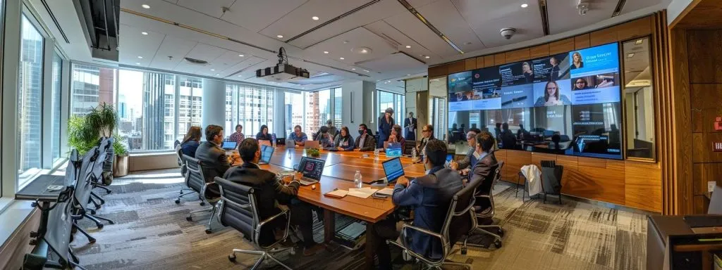 a modern, well-lit office meeting room showcases a diverse team engaged in a strategic discussion around a large digital screen displaying evolving billing policy guidelines and compliance updates, emphasizing proactive adaptation in an agile revenue cycle management process.