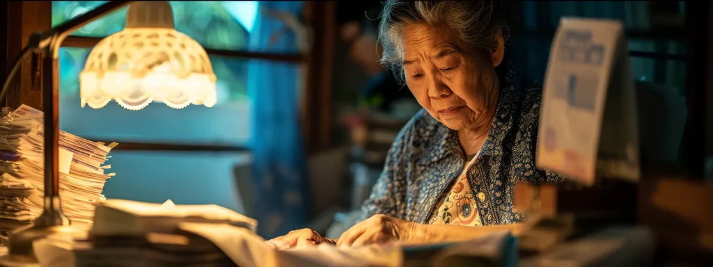 a poignant office scene captures a weary caregiver surrounded by stacks of medical bills and support resources, conveying the emotional and financial burden of caring for a child with angelman syndrome, illuminated by a soft desk lamp that highlights the strain and resilience in their expression.