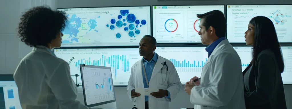 a professional medical office setting showcases a diverse group of administrative assistants engaged in a dynamic salary negotiation meeting, surrounded by charts and data on cost of living and salary adjustments displayed on sleek screens.