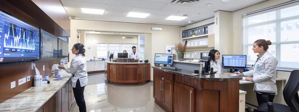 a sleek and modern medical billing office features a professional team engaged in dynamic discussions around a digital workstation, illuminated by bright overhead lighting, showcasing screens filled with billing data and charts.