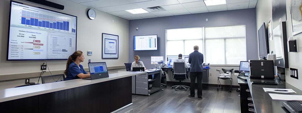 a sleek, modern office environment filled with medical billing professionals engaged in focused discussions over laptop screens, highlighting charts and graphs that illustrate wage discrepancies across various job roles and locations in the healthcare industry.