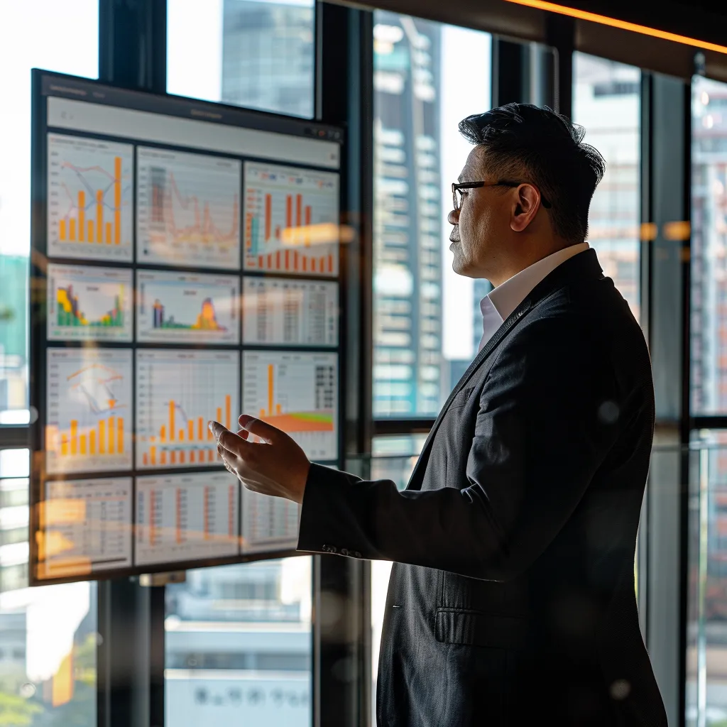 a sleek, modern office environment features a confident businessman in a tailored suit, intently analyzing data on a large screen displaying complex medical coding trends, with a backdrop of high-rise city buildings visible through panoramic windows.