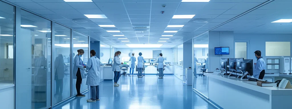 a sleek, modern office filled with focused medical billing professionals collaborating over advanced analytics software, reflecting the future of wage projections in the healthcare industry under bright fluorescent lighting.