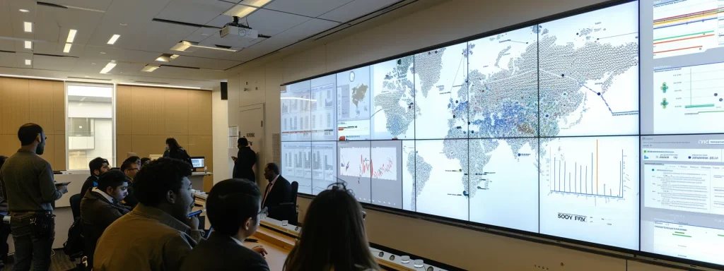 a sleek, modern office meeting room features a large screen displaying intricate data visualizations and graphs on autism research, while diverse professionals engage in a focused discussion, illuminated by bright, overhead lighting that enhances the contemporary atmosphere.