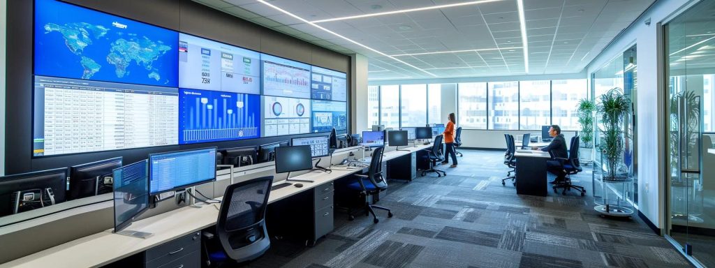 a sleek, modern office space showcases professionals engaged with advanced billing management software on multiple screens, highlighting automated workflows and analytics dashboards that streamline financial processes and enhance decision-making.