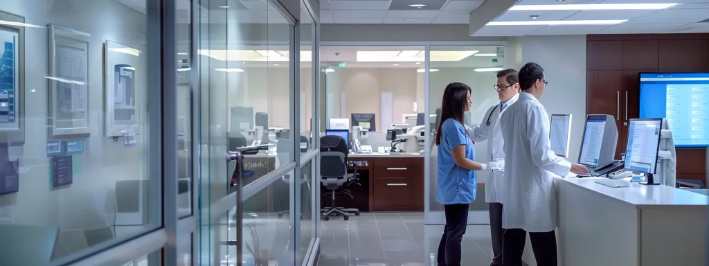 a sleek, modern ophthalmology office features a focused team of professionals reviewing standardized billing documentation, illuminated by bright task lighting, with organized coding protocols and checklists visible on their digital devices.