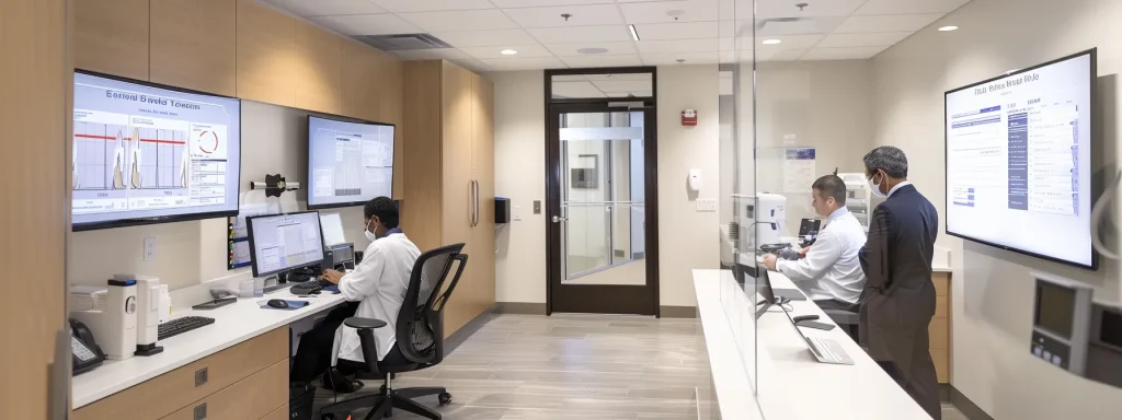 a sleek, modern ophthalmology office features healthcare professionals efficiently using advanced technology solutions on digital devices, showcasing seamless medical billing processes in a bright, well-organized workspace.