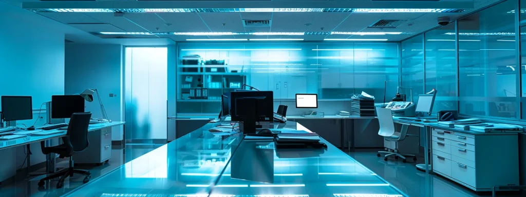 a sleek, modern ophthalmology office features a polished glass desk cluttered with medical billing paperwork, illuminated by cool fluorescent lights, showcasing the precision and professionalism of the practice.