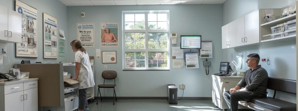 a stark, modern clinic interior featuring a concerned pediatrician discussing the rising cases of whooping cough with a worried parent, highlighted by clinical equipment and vaccination posters on the walls.