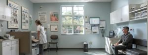 a stark, modern clinic interior featuring a concerned pediatrician discussing the rising cases of whooping cough with a worried parent, highlighted by clinical equipment and vaccination posters on the walls.