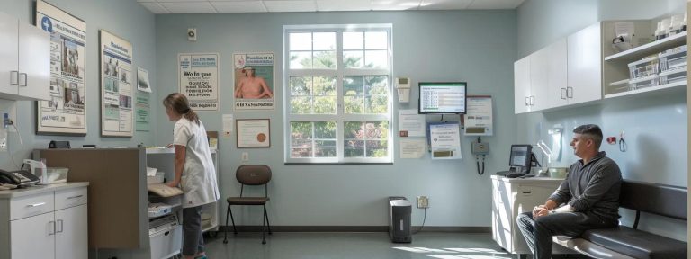 a stark, modern clinic interior featuring a concerned pediatrician discussing the rising cases of whooping cough with a worried parent, highlighted by clinical equipment and vaccination posters on the walls.