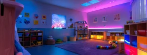a vibrant, modern therapy room filled with engaging toys and interactive activities designed to support children with angelman syndrome, illuminated by soft, warm lighting to create a welcoming atmosphere.