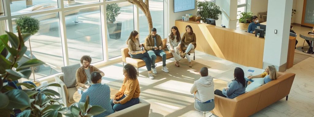 a warm, modern medical office lobby bustling with patients discussing financial options with knowledgeable counselors, featuring sleek digital displays of cost estimates and payment plans, conveying a sense of transparency and trust.