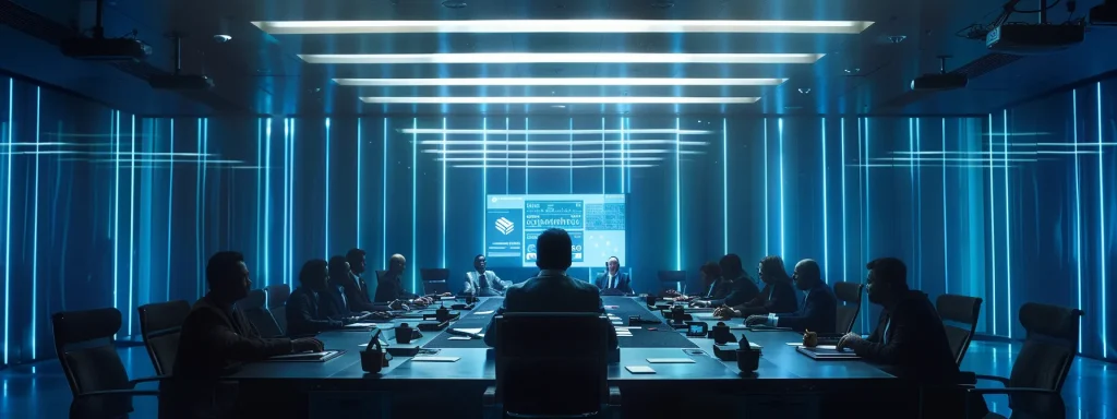 an imposing boardroom with a large conference table, where a group of serious business professionals deliberates over a digital presentation on healthcare costs and billing policies, illuminated by sleek, modern lighting that enhances the professional atmosphere.