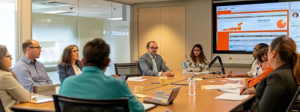 a dynamic and modern office setting features a diverse group of professionals engaged in a passionate discussion around mental health advocacy, with charts and policy documents prominently displayed on a sleek conference table, under warm, focused lighting.