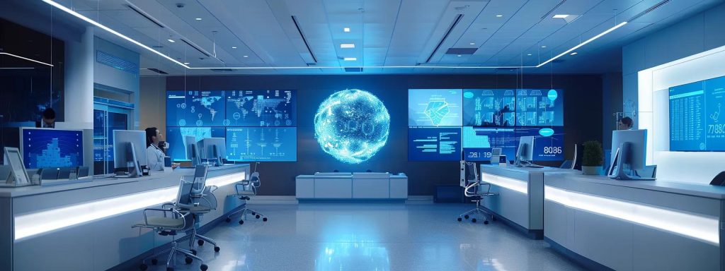 a dynamic hospital office setting showcasing a diverse healthcare team collaboratively analyzing vaccination data on sleek digital screens, emphasizing the critical role of preventive immunization strategies in enhancing patient care and streamlining medical billing processes.