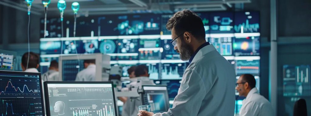 a high-tech command center bustling with professionals analyzing real-time virus transmission data on multiple large screens, showcasing vibrant digital dashboards and graphs that illuminate the urgency of informed decision-making in public health.