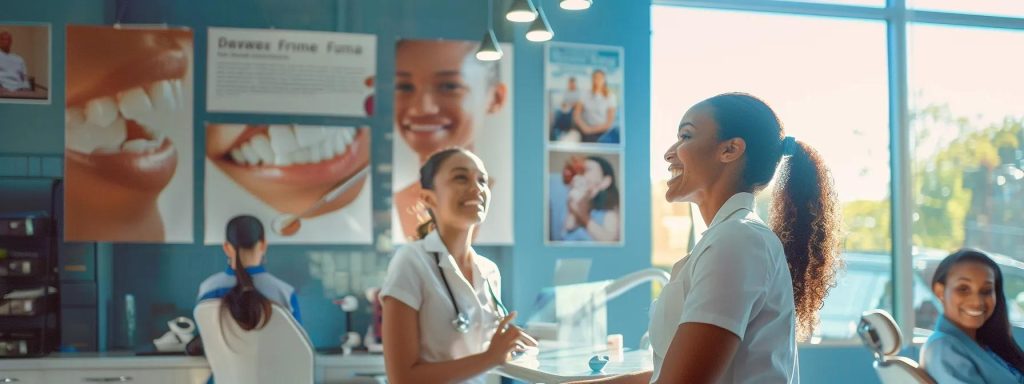 a modern dental office, bustling with activity, showcases a confident dental assistant engaging with a patient, surrounded by posters highlighting comprehensive benefits like health insurance, retirement plans, and educational allowances prominently displayed on the walls.