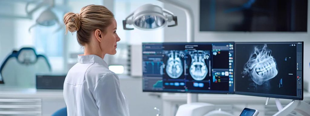 a modern dental office elegantly showcases advanced digital equipment and technology, highlighting a confident dental assistant skillfully operating a sophisticated computer-assisted design system, with a clear focus on efficiency and patient care.